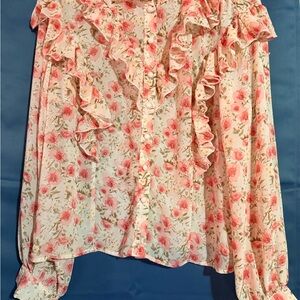 SHEIN Floral Ruffle Blouse - Cream and Pink